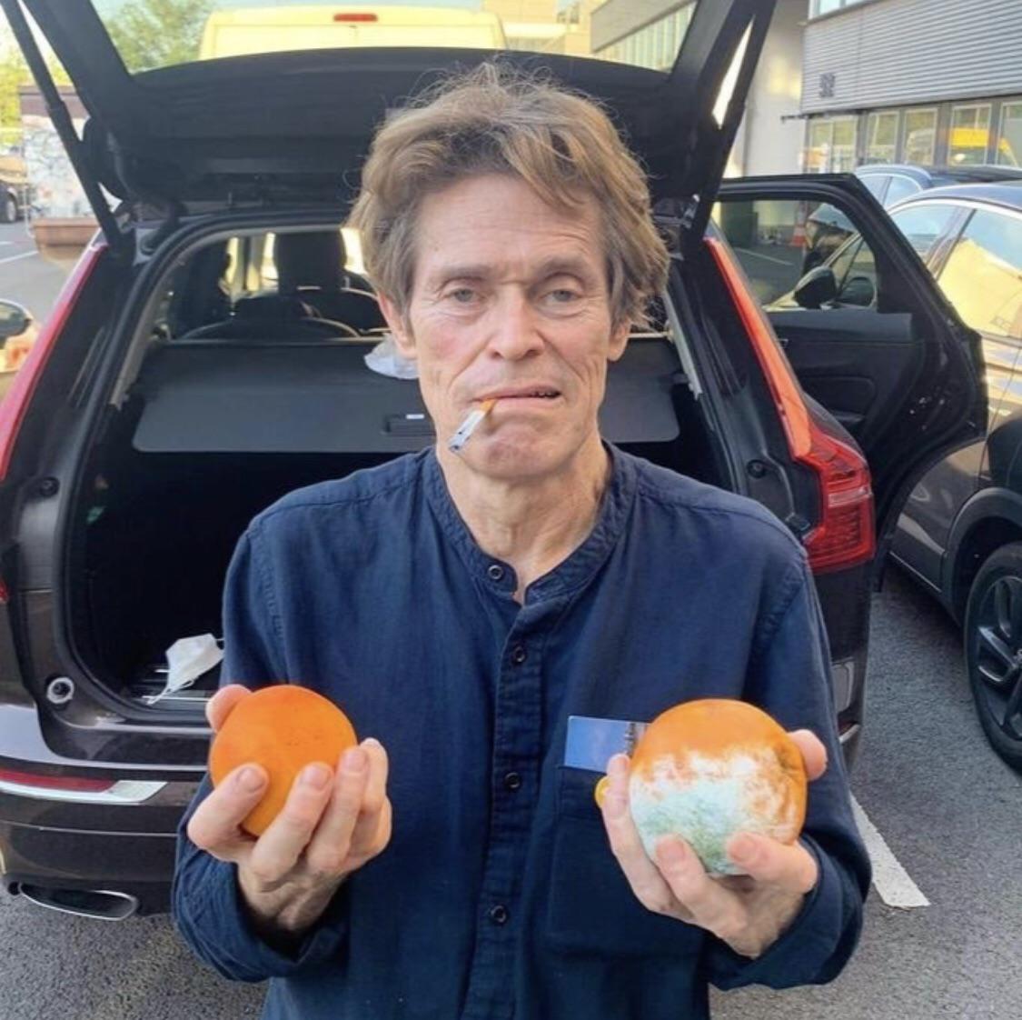 william dafoe holding two oranges, one of them moldy